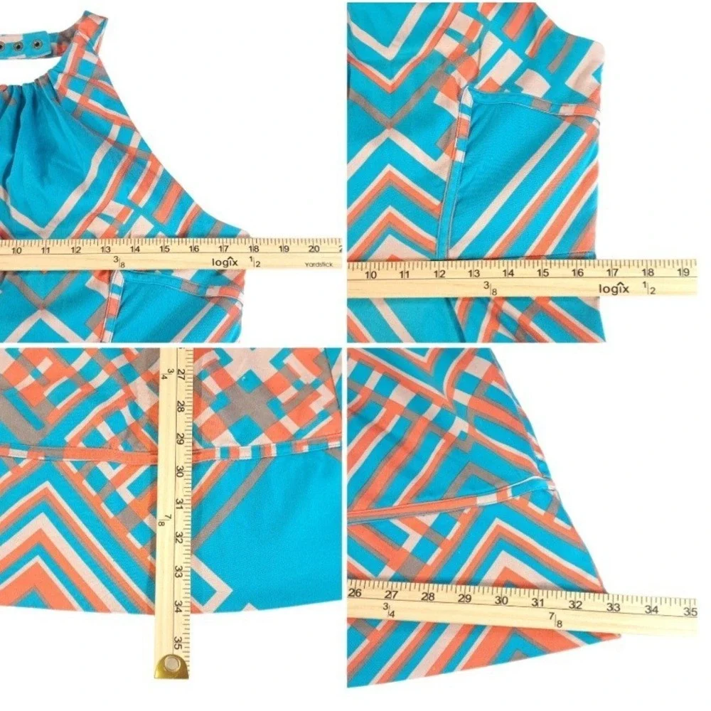 Jessica Simpson Dress Size 14 Blue Geometric Halter Pockets Stretch Cotton Lined